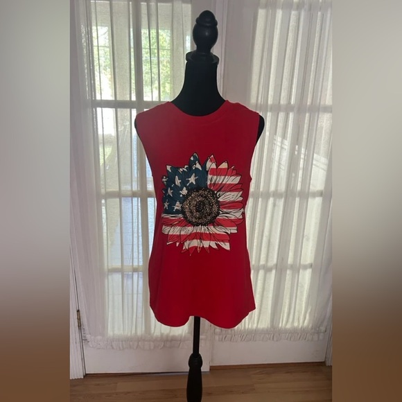 Tops - Red Sleeveless Top with Sunflower Design